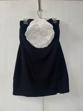 Black Strapless Dress with White Sequin Floral Accent